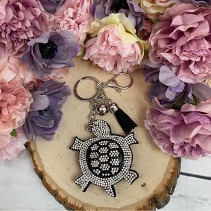 Black & Silver Rhinestone Turtle Keychain with Tassel Charm